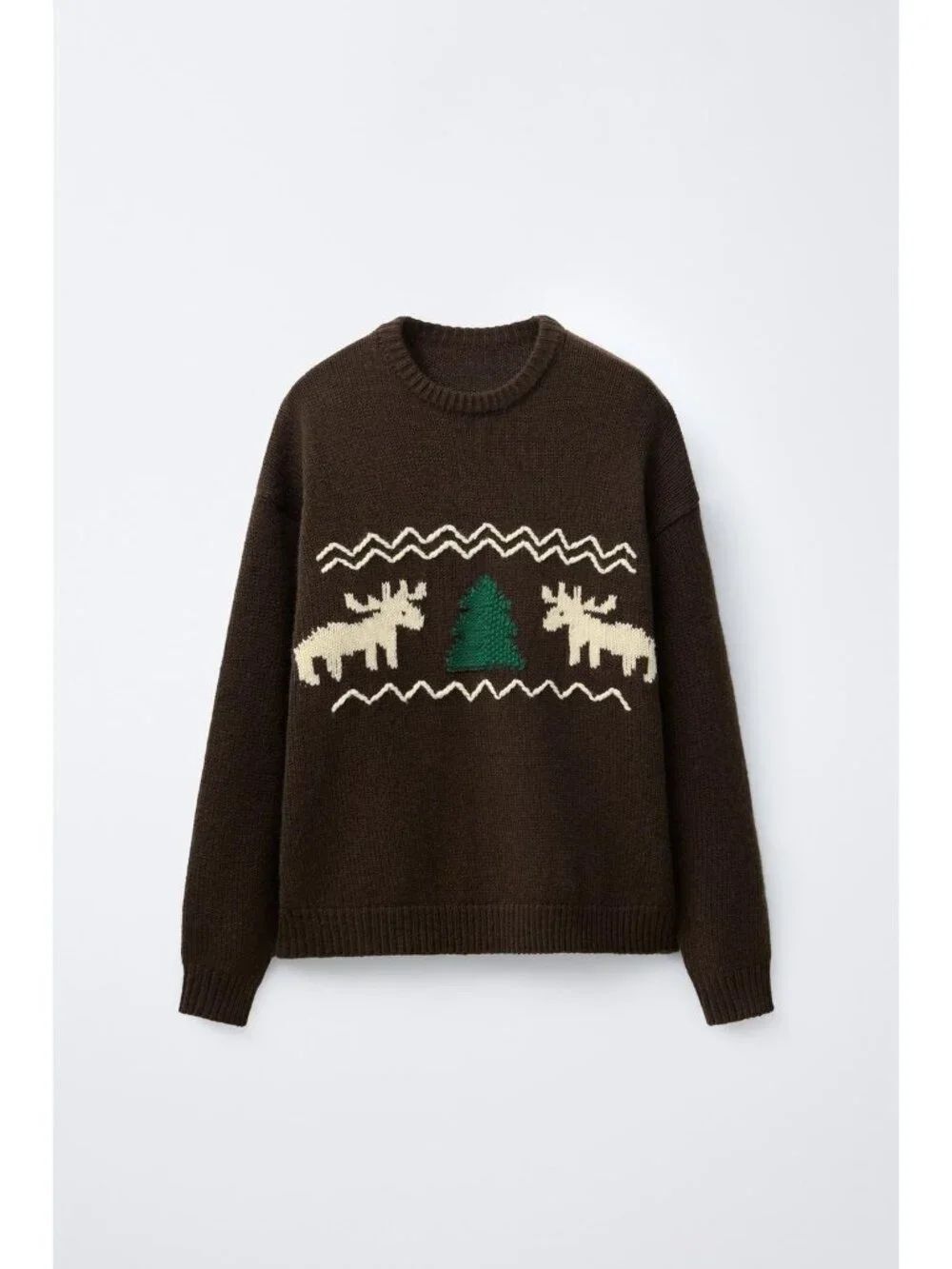 Zara Mens Sweater XL Brown Moose Deer Embroidered Wool Blend 0048/305 NWOT